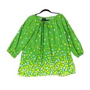 Bob Mackie Large Wearable Art‎ Pullover Top 3/4 Sleeves Green Yellow Geometric